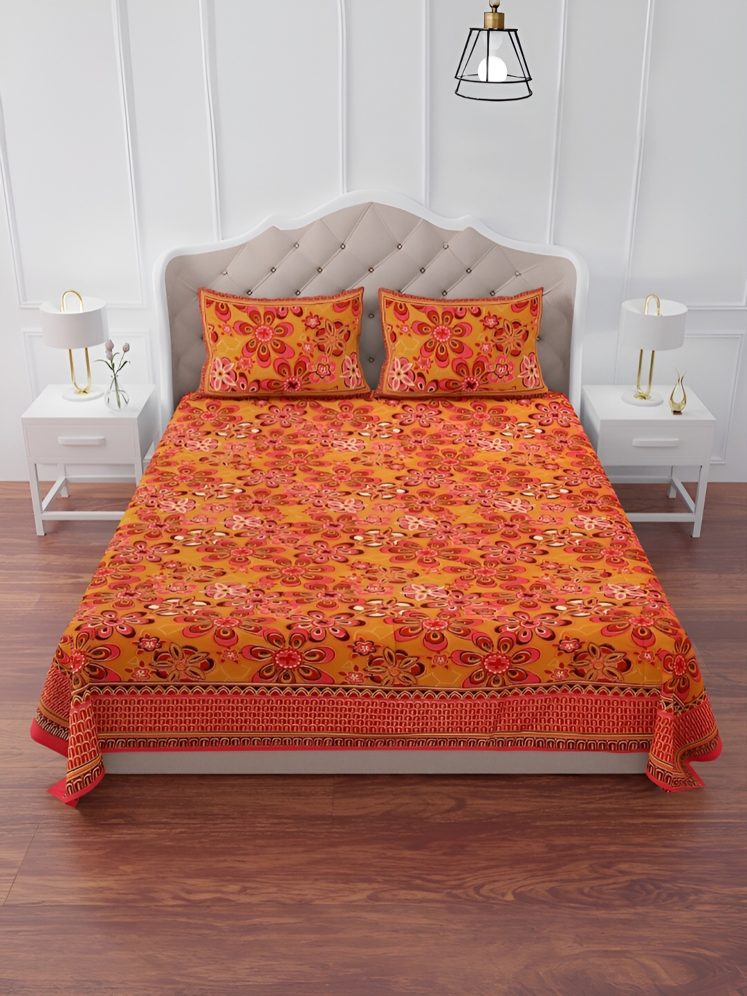 

The Craft Monk Pink & Yellow Printed 240 TC King Bedsheet with 2 Pillow Covers