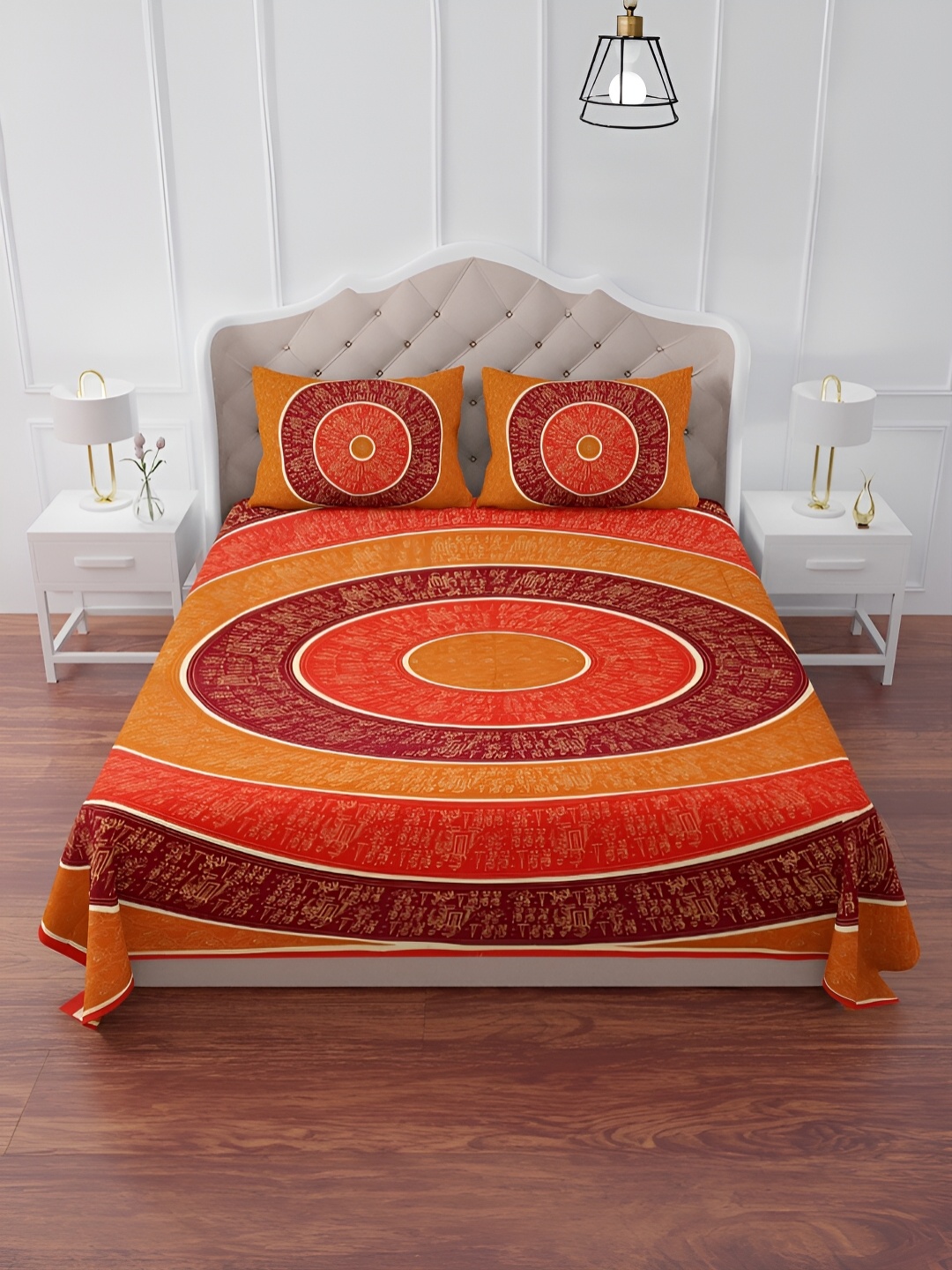 

The Craft Monk Orange & Maroon Printed Cotton 240 TC King Bedsheet With 2 Pillow Covers