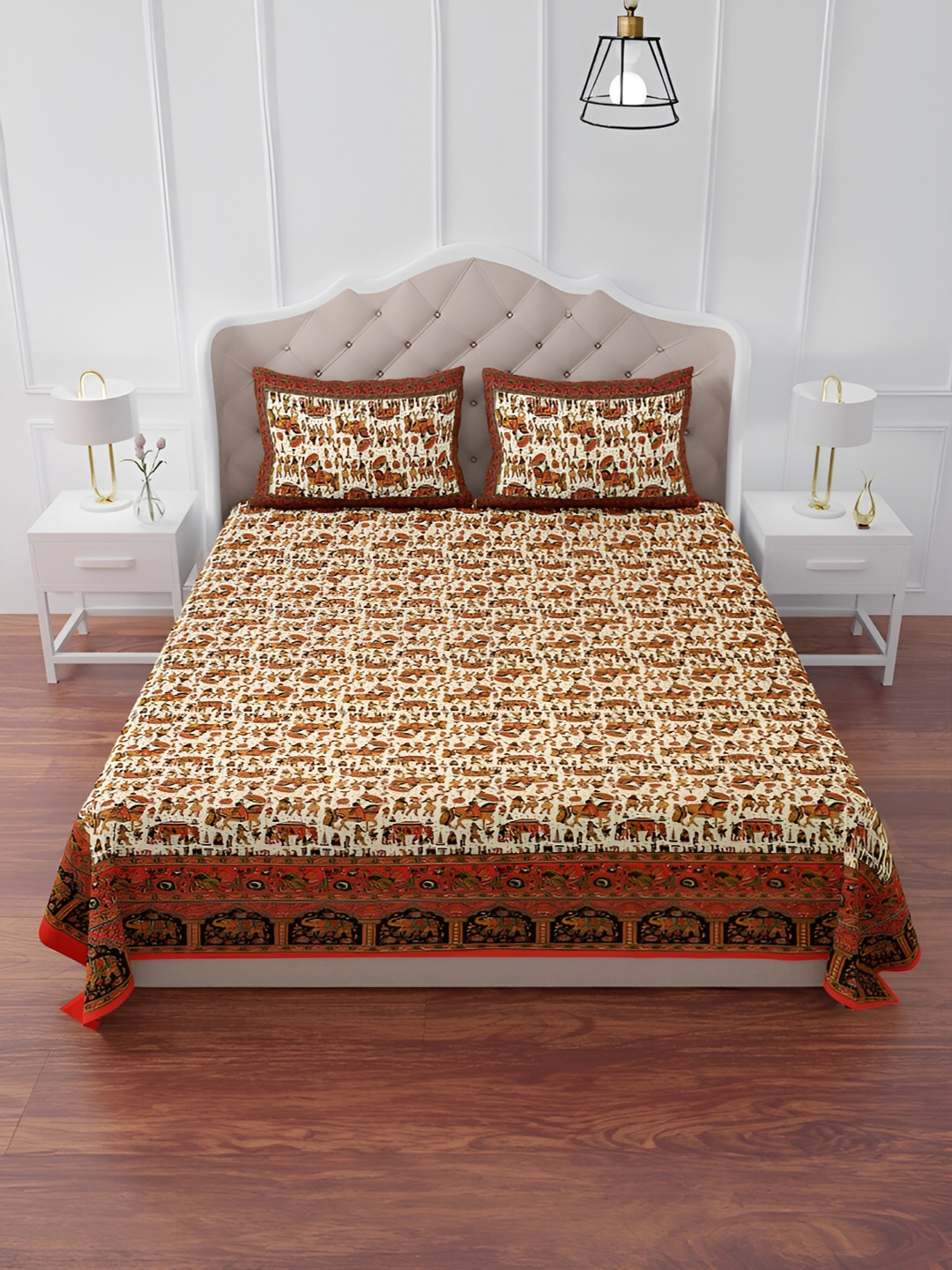 

The Craft Monk Pink & Yellow Printed Cotton 240 TC King Bedsheet With 2 Pillow Covers