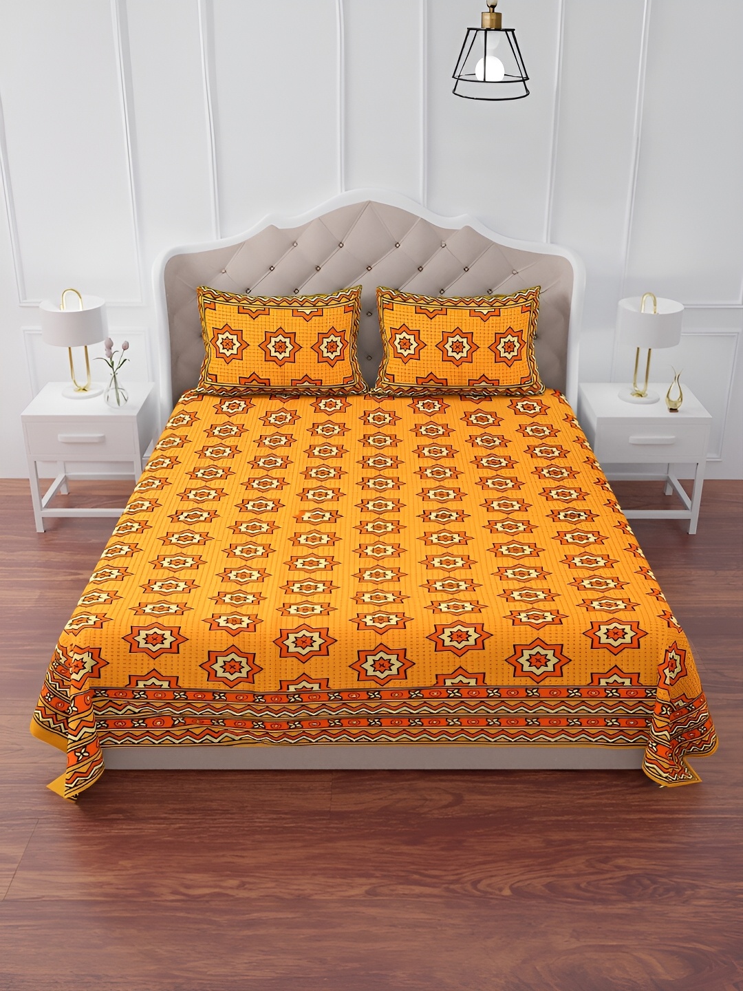 

The Craft Monk Yellow & Brown Printed Cotton 240 TC King Bedsheet With 2 Pillow Covers