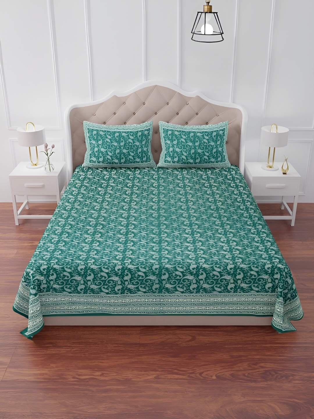 

The Craft Monk Green Printed 240 TC King Bedsheet with 2 Pillow Covers