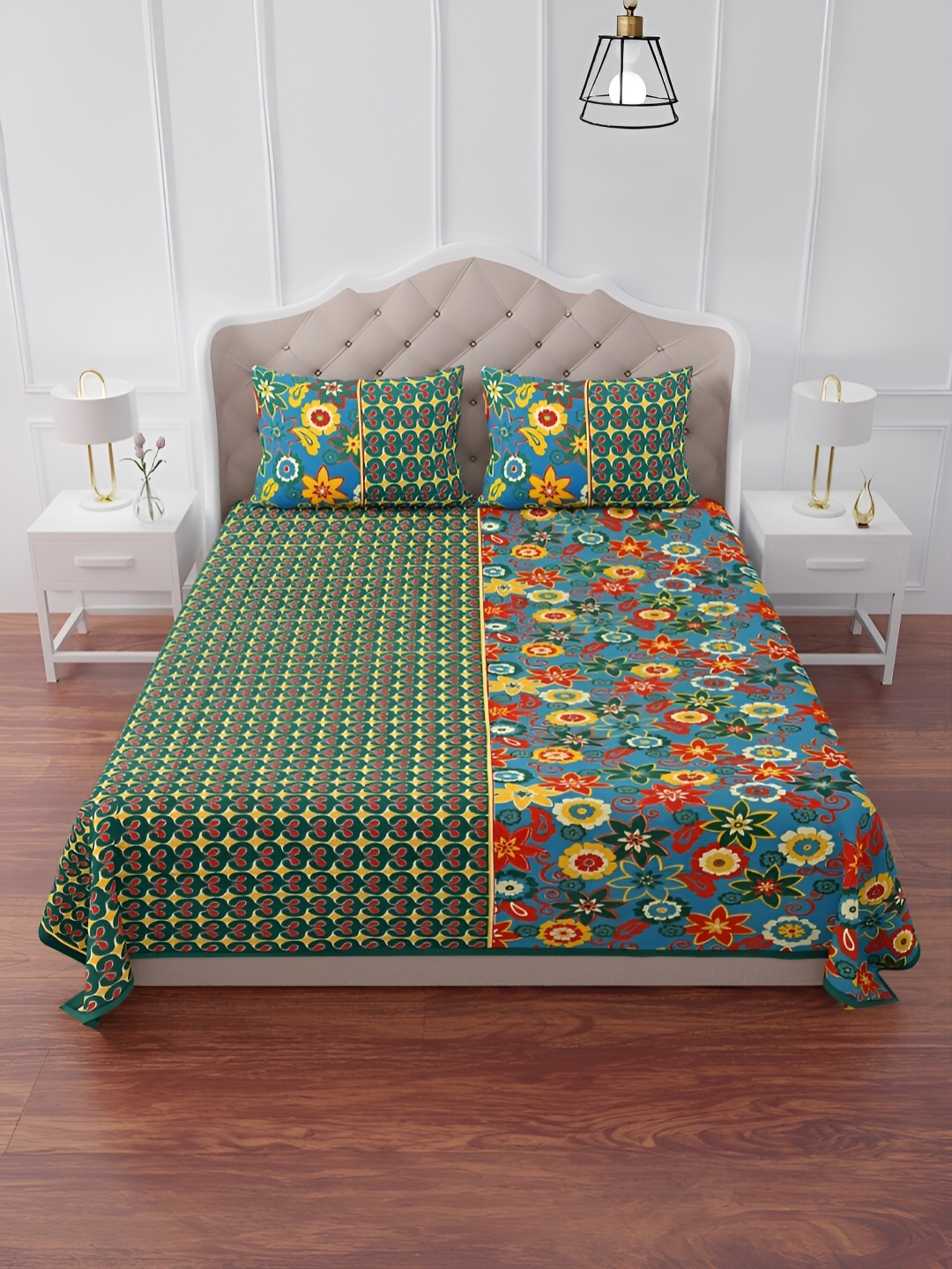

The Craft Monk Green & Blue Printed 240 TC King Bedsheet with 2 Pillow Covers