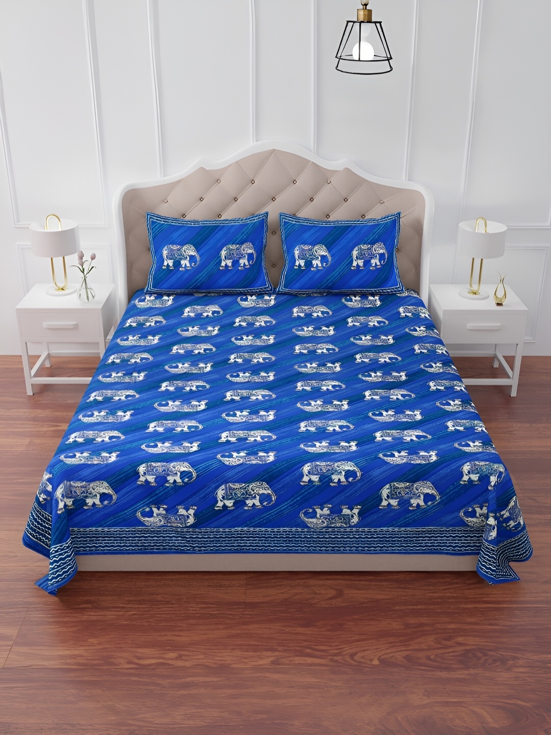 

The Craft Monk Blue Printed 240 TC King Bedsheet with 2 Pillow Covers