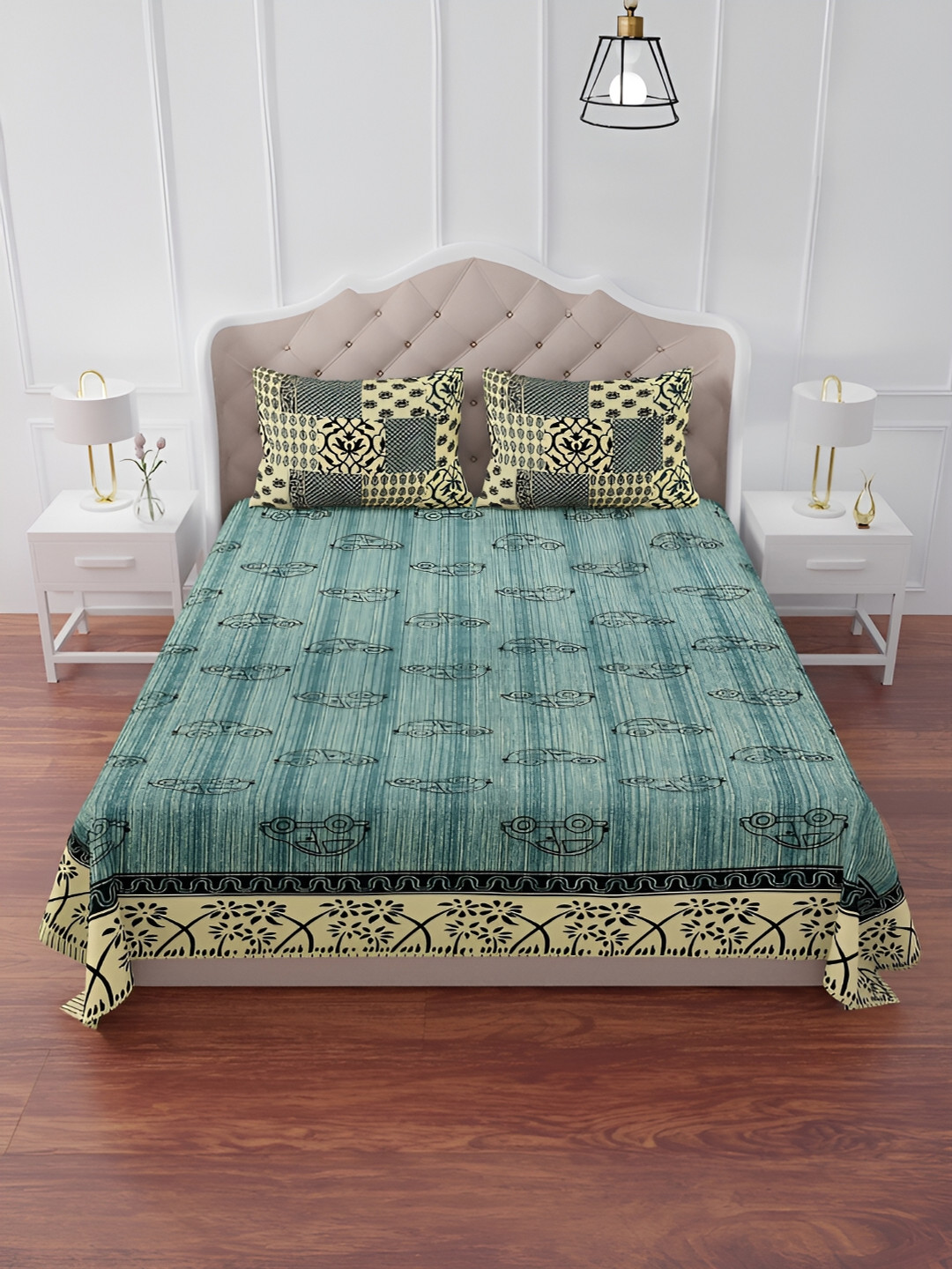 

The Craft Monk Black & Green Printed Cotton 240 TC King Bedsheet With 2 Pillow Covers