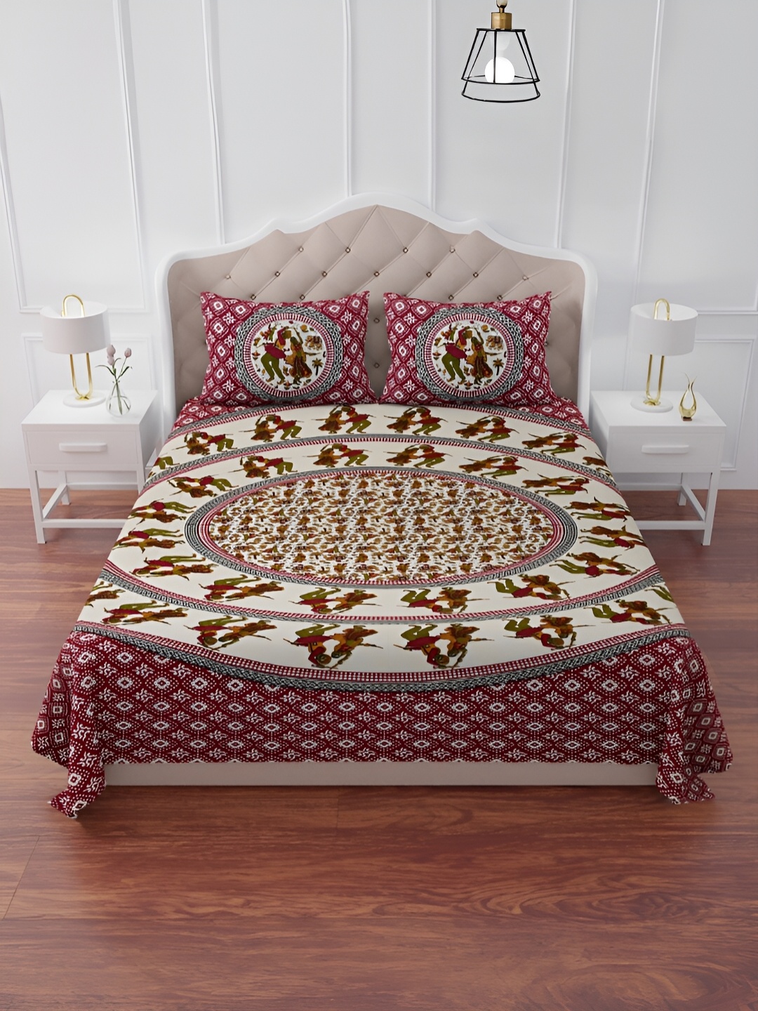 

The Craft Monk Maroon & Beige Printed Cotton 240 TC King Bedsheet With 2 Pillow Covers