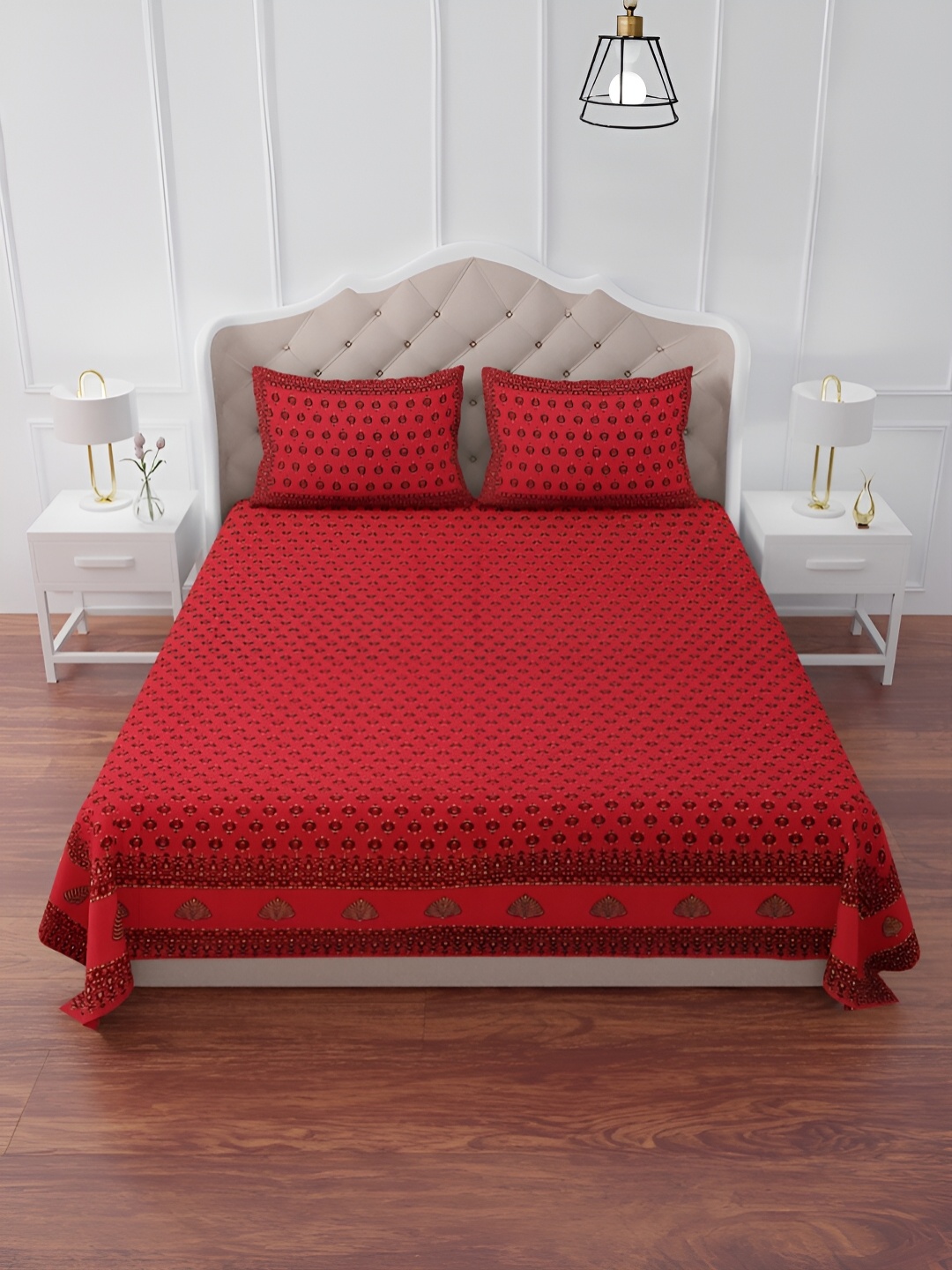 

The Craft Monk Red & Black Printed Cotton 240 TC King Bedsheet With 2 Pillow Covers