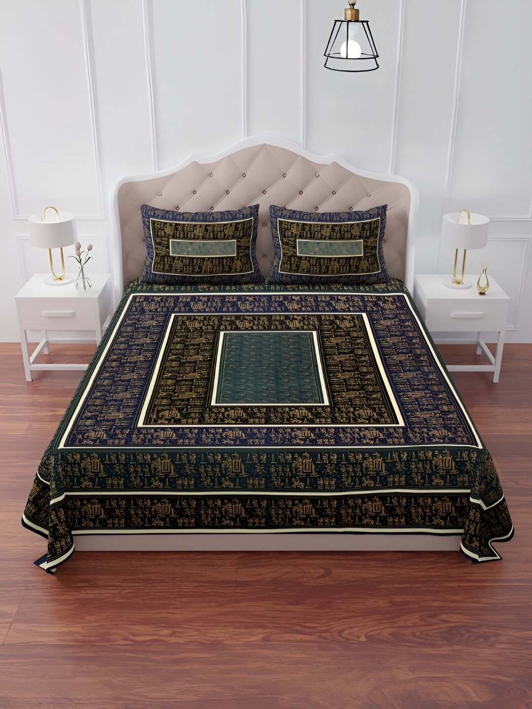 

The Craft Monk Black & Blue Printed 240 TC King Bedsheet with 2 Pillow Covers