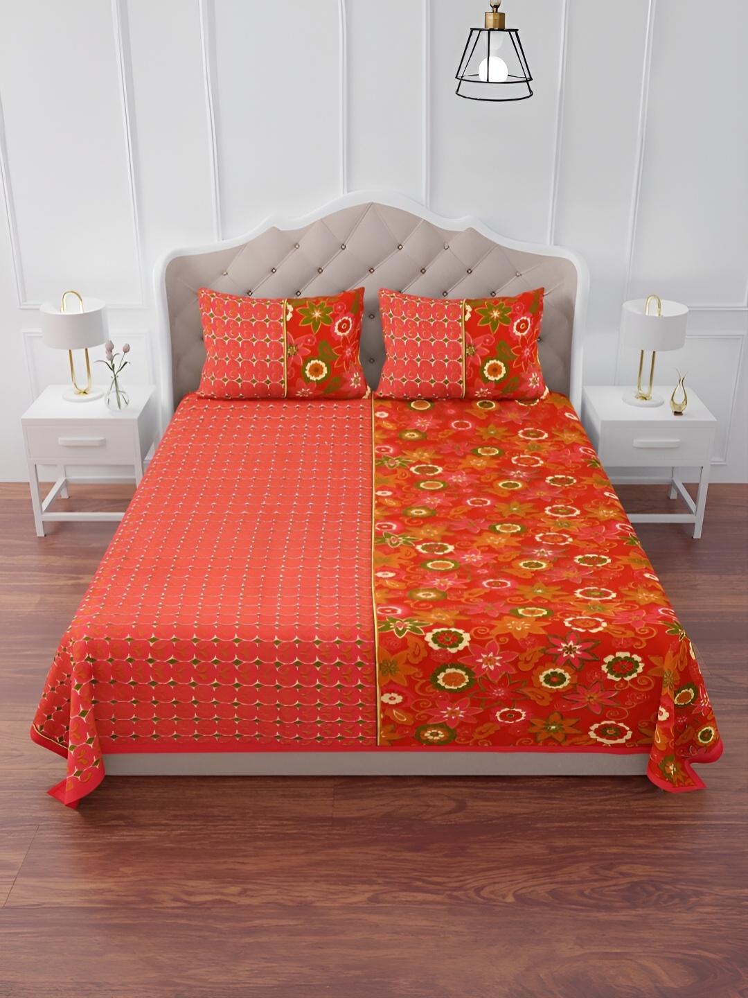 

The Craft Monk Pink & Red Printed Cotton 240 TC King Bedsheet With 2 Pillow Covers