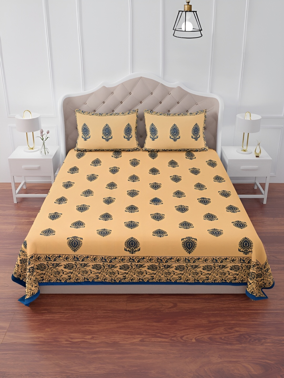 

The Craft Monk Beige & Blue Printed 240 TC King Bedsheet with 2 Pillow Covers