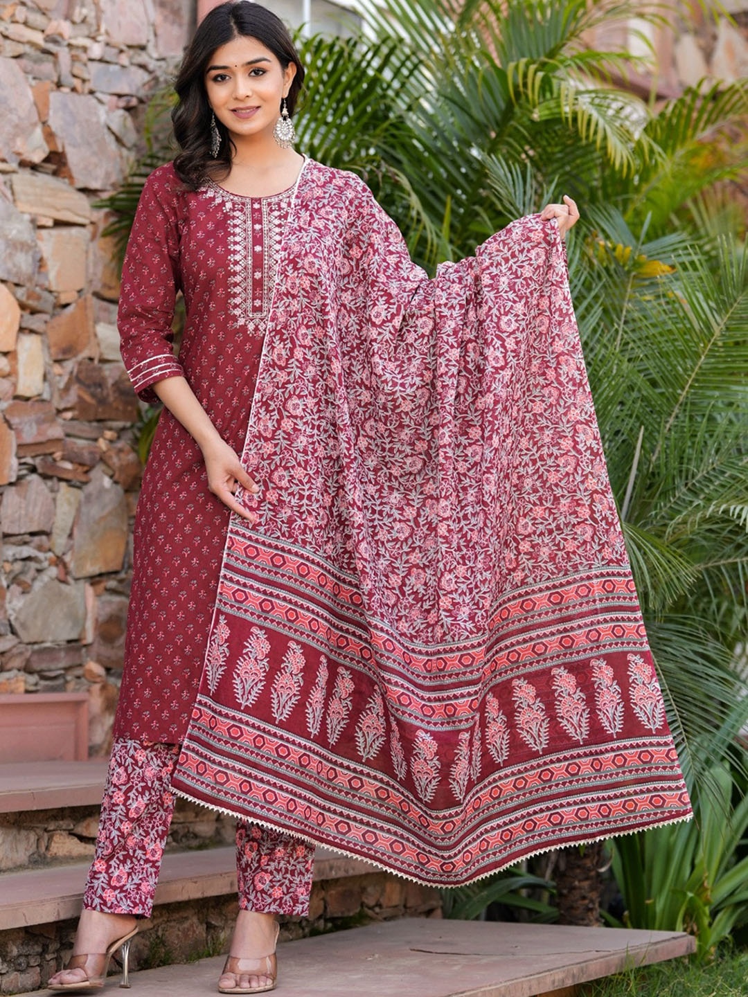 

Chandbaali Ethnic Motifs Embroidered Pure Cotton Straight Kurta With Trousers & Dupatta, Maroon