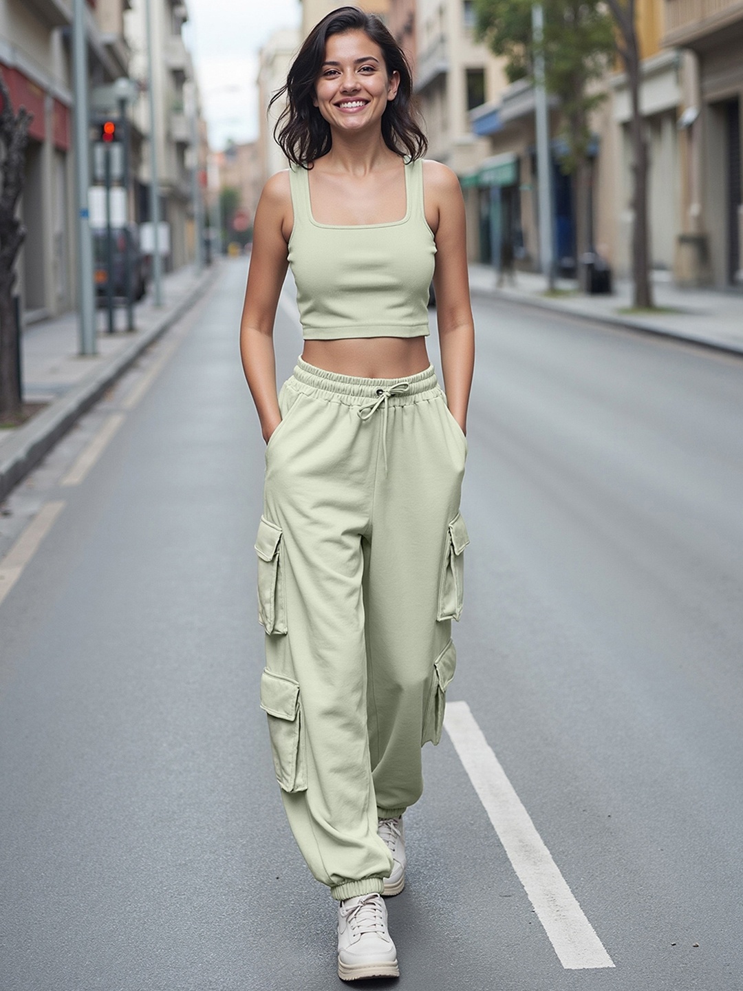 

Bewakoof Square Neck Crop Top & Joggers, Green