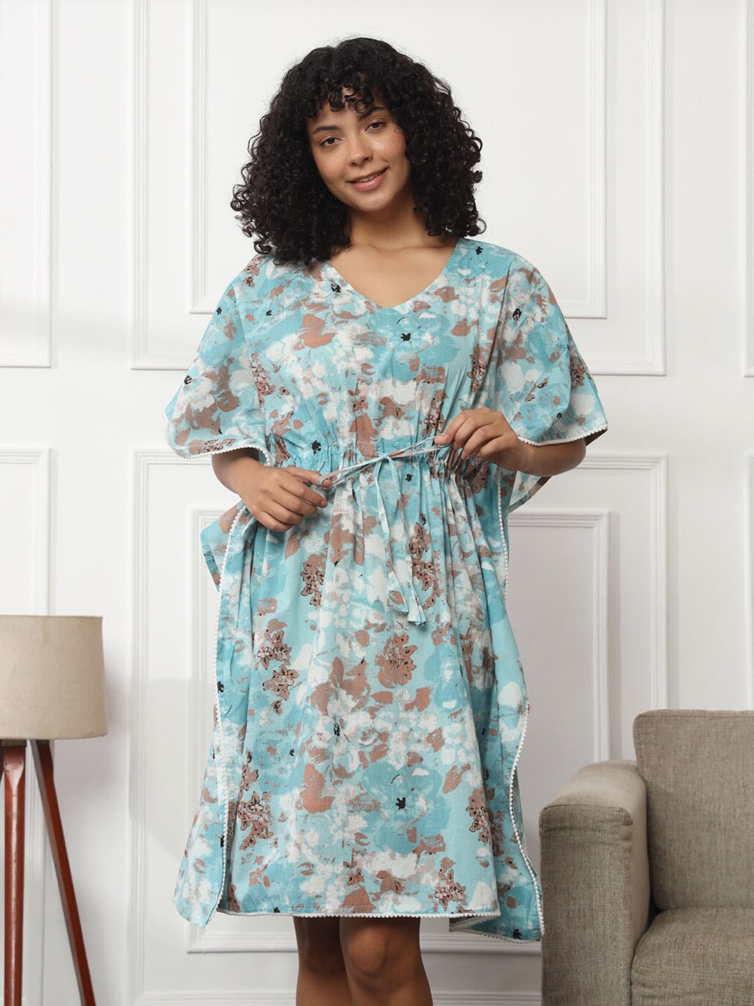 

Bannos Swagger Blue Floral Printed Pure Cotton Kaftan Nightdress