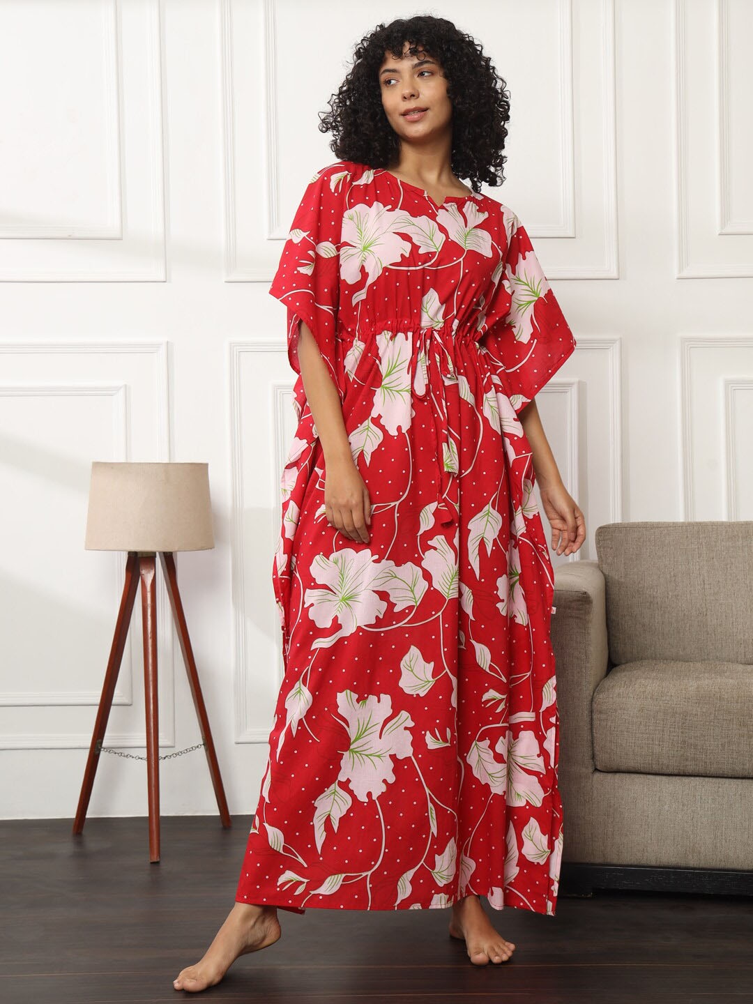 

Bannos Swagger Red Floral Printed Pure Cotton Maxi Kaftan Nightdress