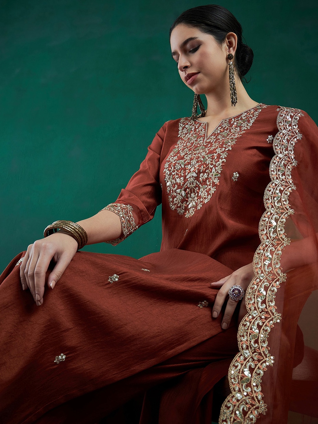 

Indo Era Ethnic Motifs Embroidered Regular Liva Zari Kurta With Trousers & Dupatta, Rust