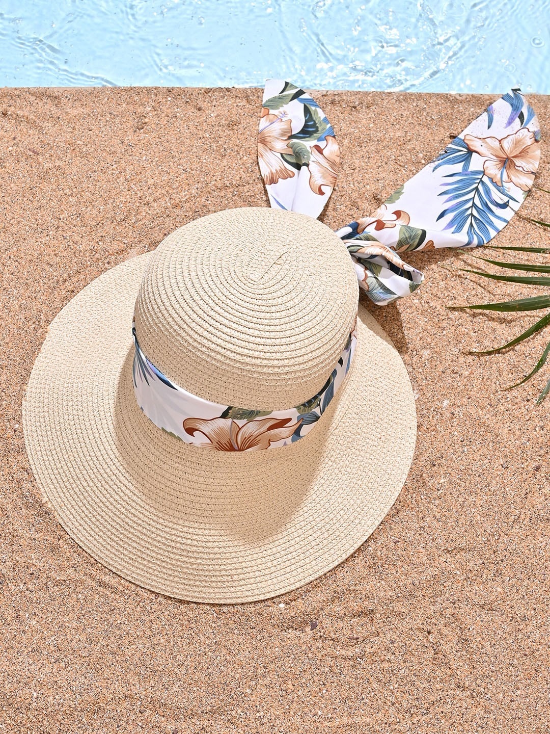 

ToniQ Women Floral Printed Scarf Summer Beach Hat, Cream