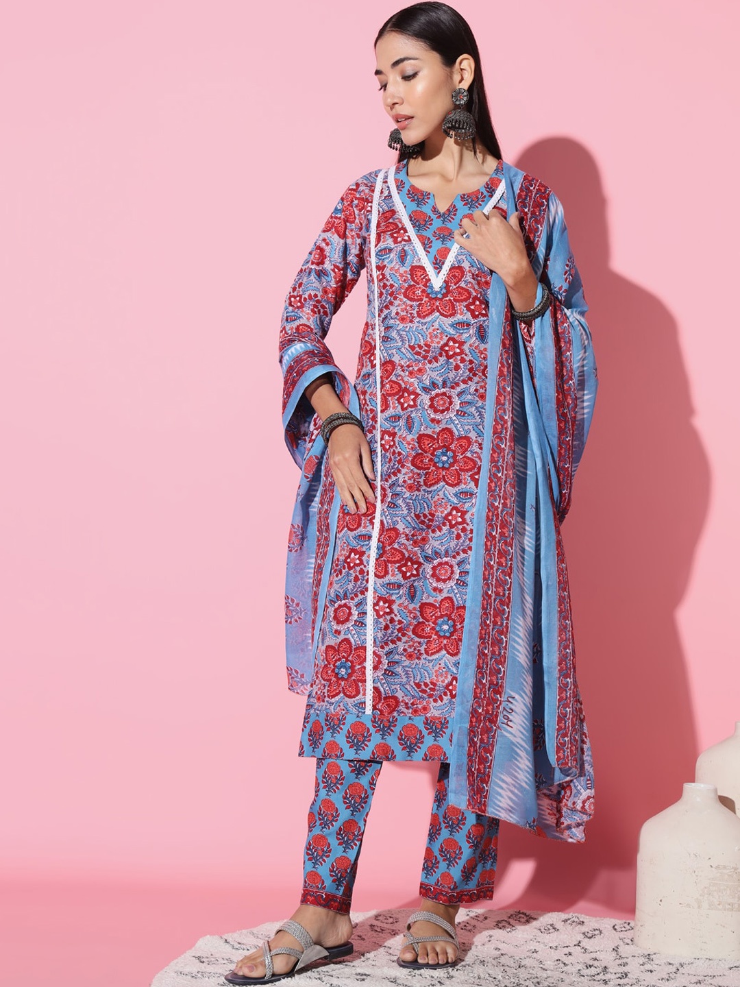 

J.KANJI Floral Printed Round Neck Pure Cotton Straight Kurta with Trousers & With Dupatta, Blue