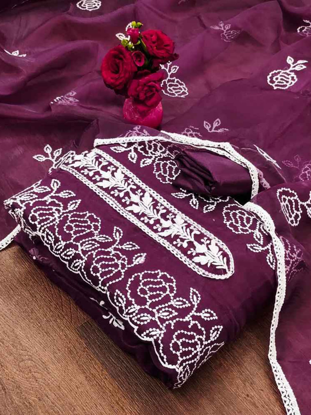 

faxofab Organza Unstitched Dress Material, Purple