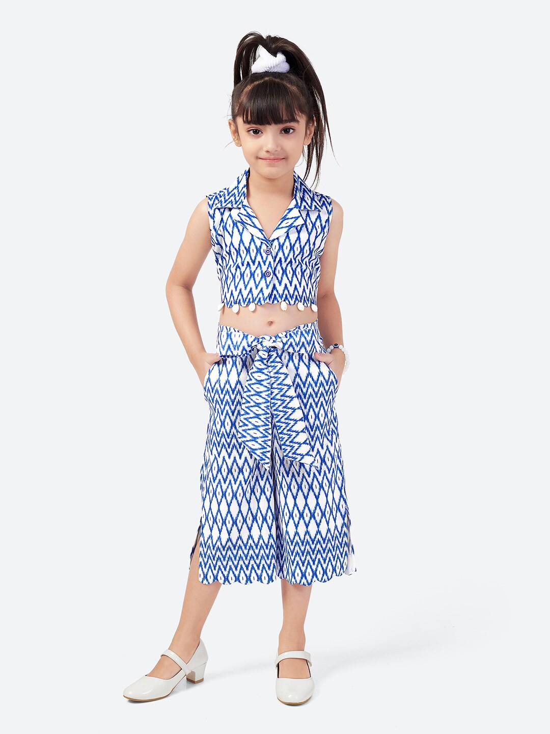 

BAESD Girls Abstract Printed Cotton Shirt Collar A-Line Midi Dress, Blue