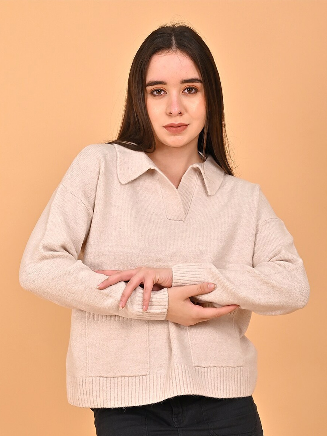 

NoBarr Polo Collar Drop-Shoulder Sleeves Acrylic Boxy Fit Pullover, Cream