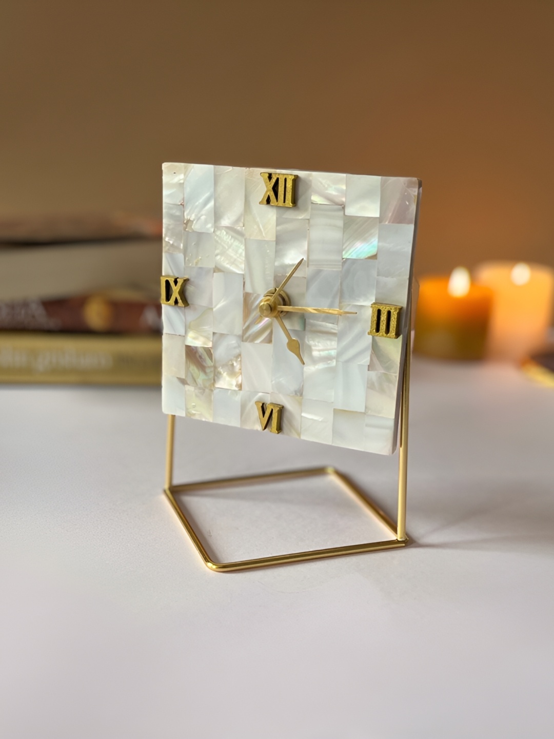 

HOMEARTE Off White & Gold Toned Mother of Pearl Square Table Clock