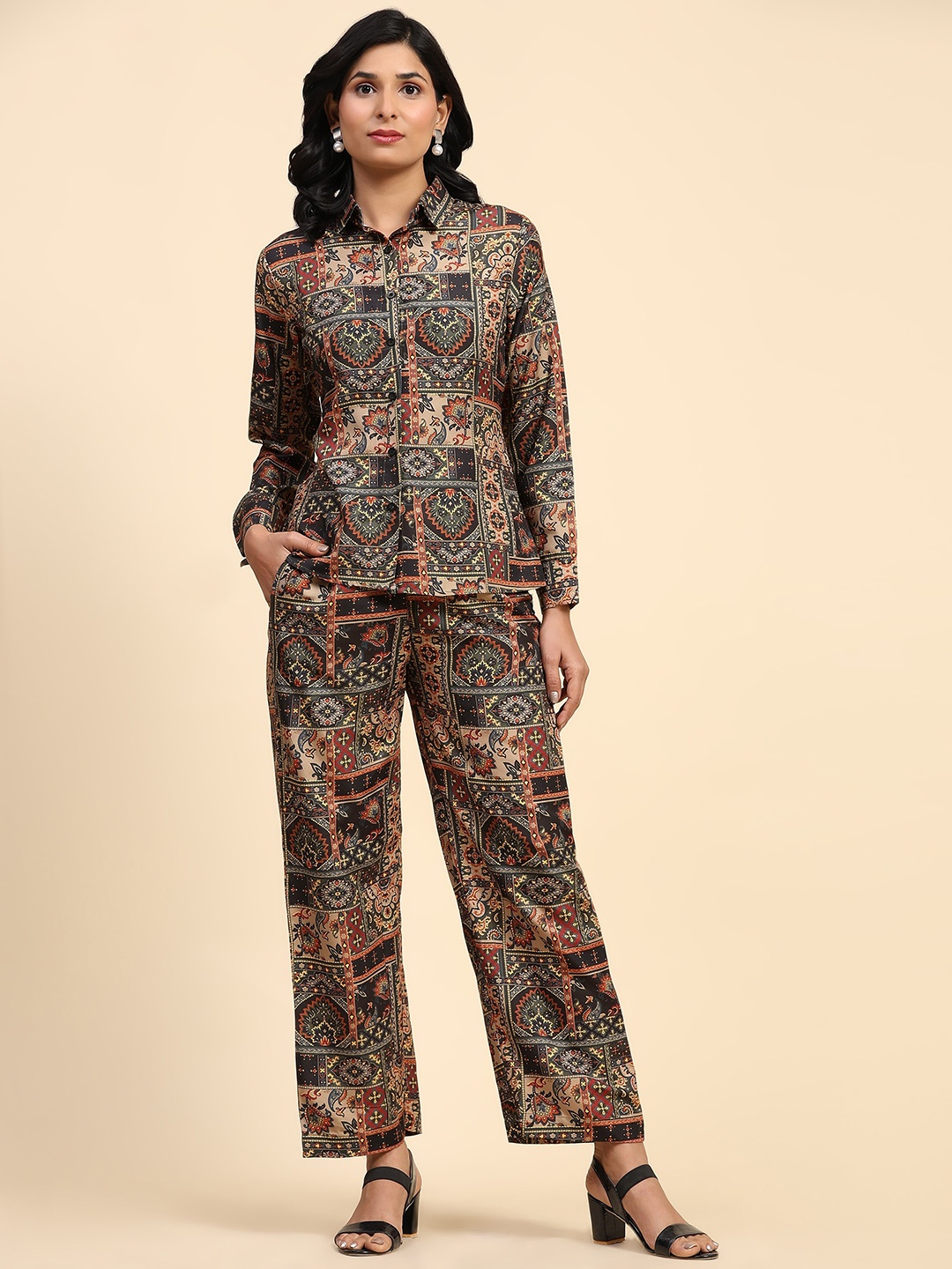 

BAESD Ethnic Printed Crop Top With Collar Shirt & Trousers, Black
