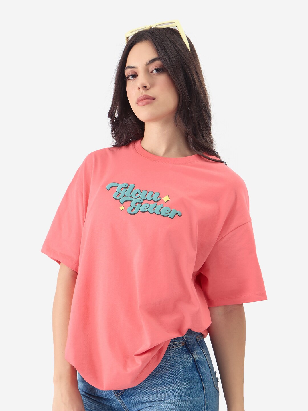 

The Souled Store Pink Typography Printed Oversized Pure Cotton T-shirt