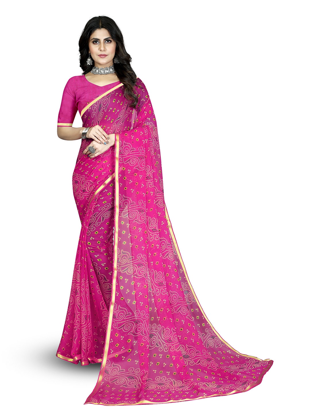 

V3 FASHION STUDIO Bandhani Printed Zari Pure Chiffon Saree, Pink