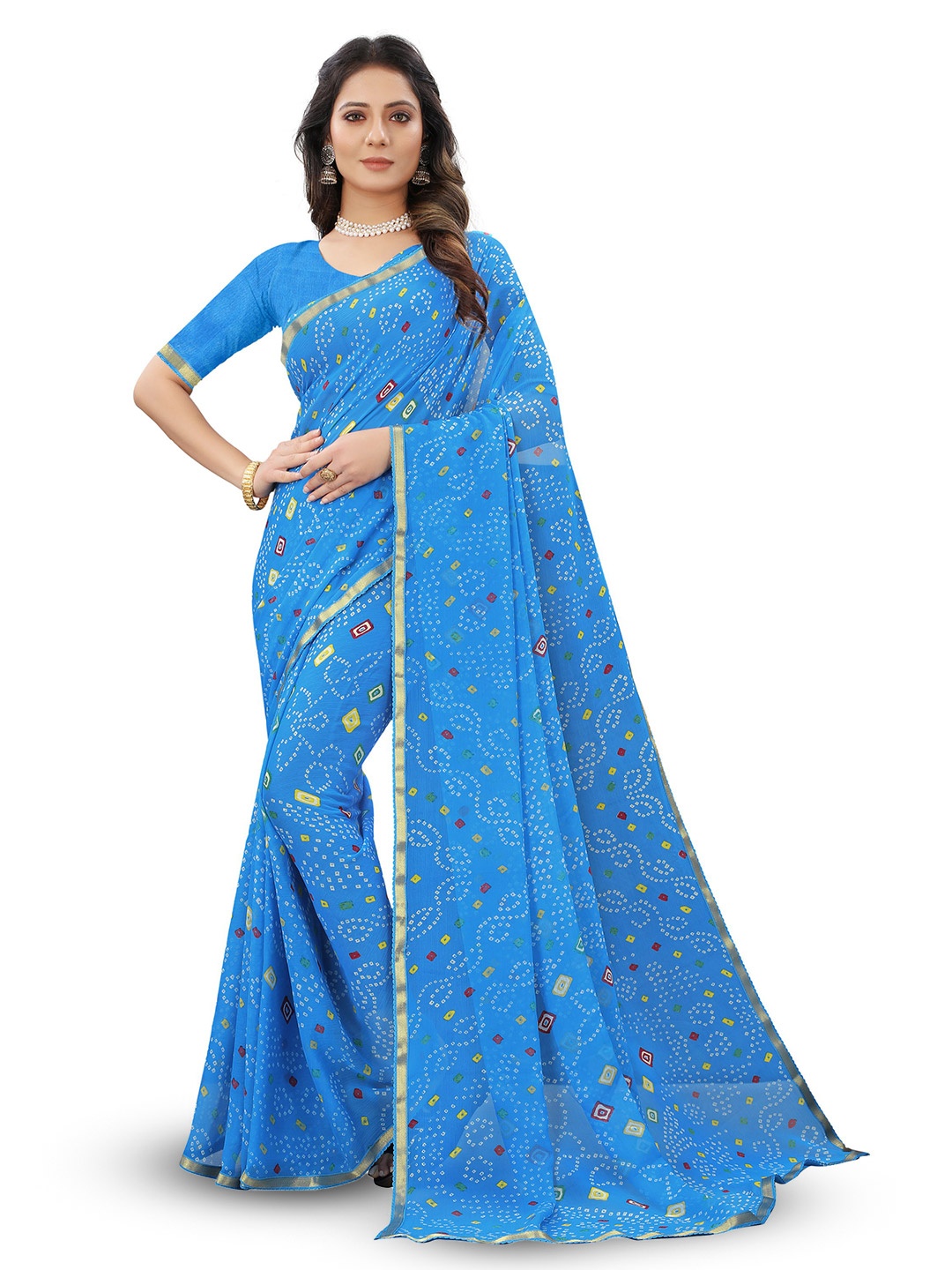 

V3 FASHION STUDIO Bandhani Printed Zari Pure Chiffon Jamdani Saree, Blue