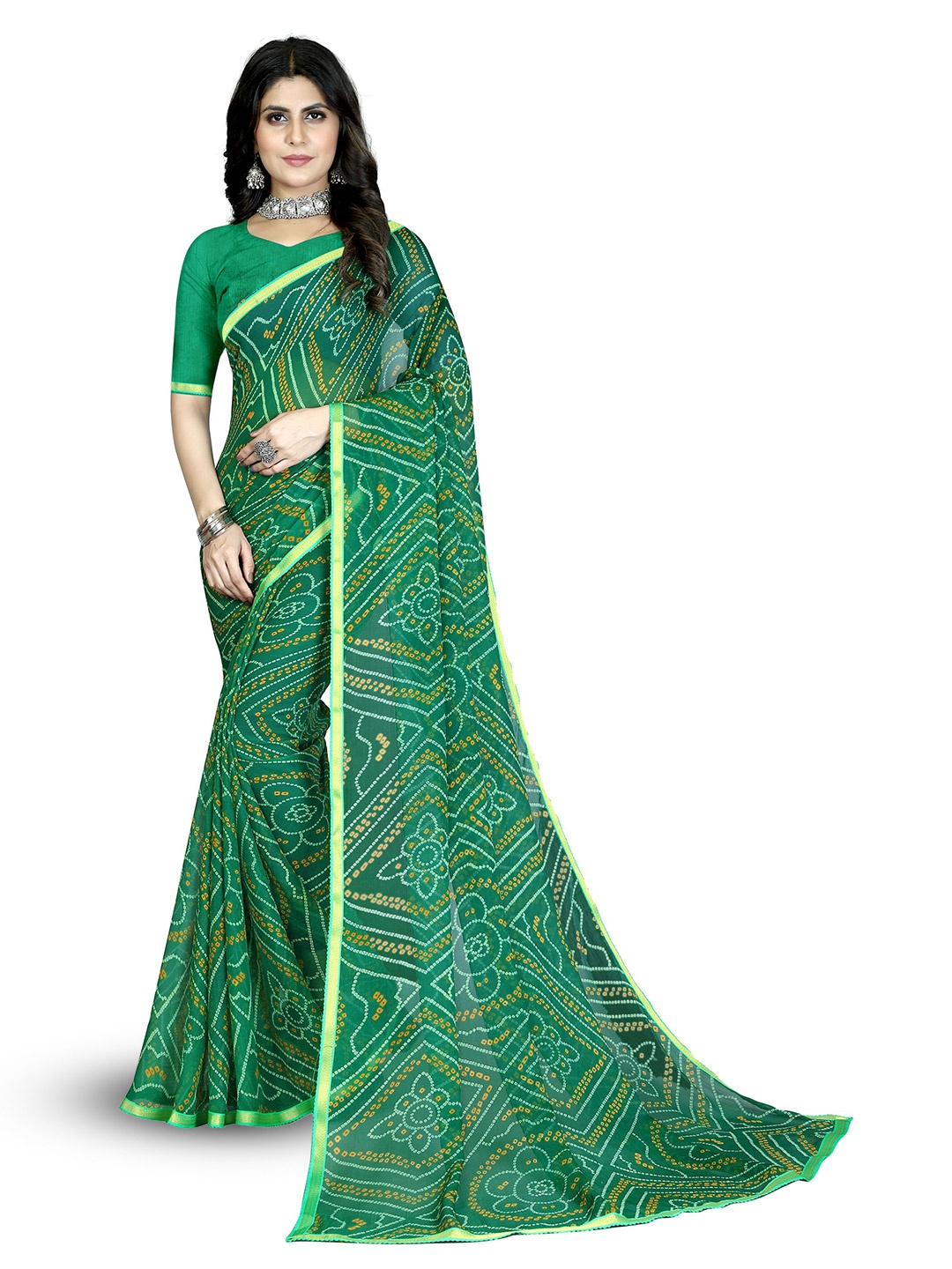

V3 FASHION STUDIO Bandhani Pure Chiffon Jamdani Saree, Green