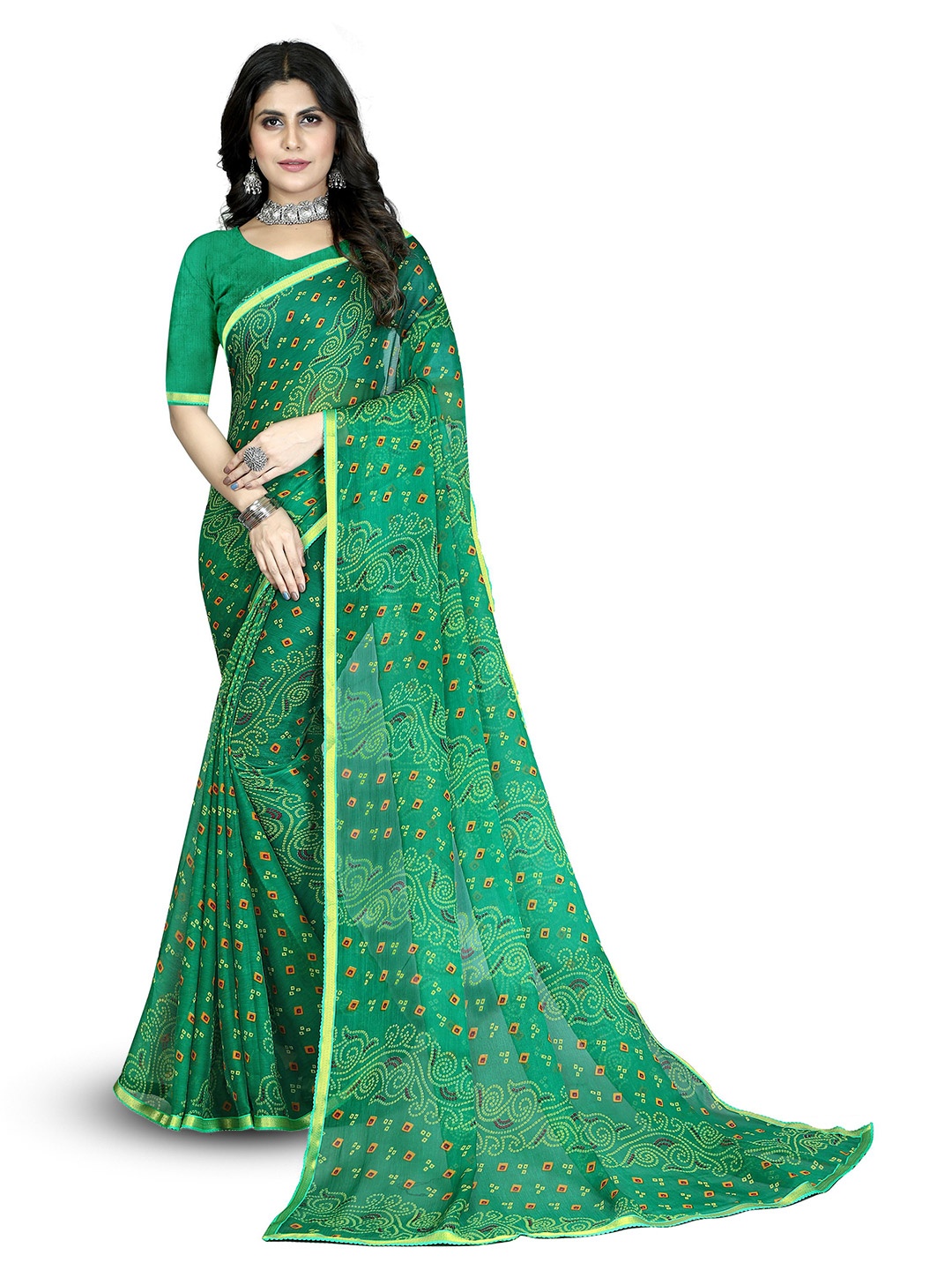 

V3 FASHION STUDIO Bandhani Pure Chiffon Jamdani Saree, Green