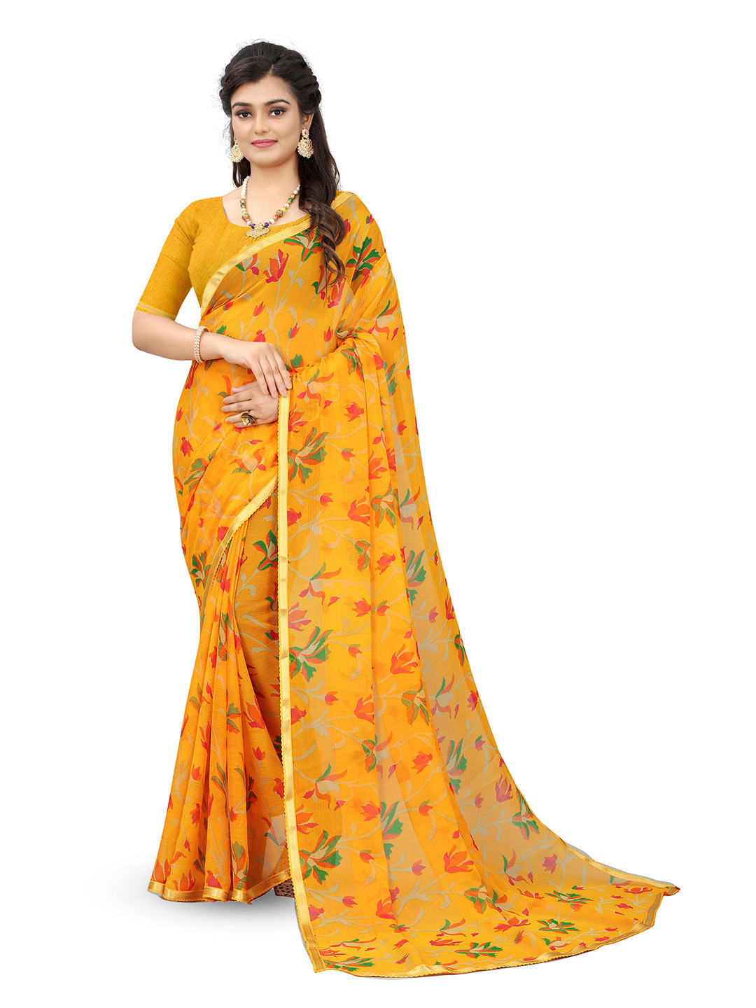 

V3 FASHION STUDIO Floral Zari Pure Chiffon Jamdani Saree, Yellow