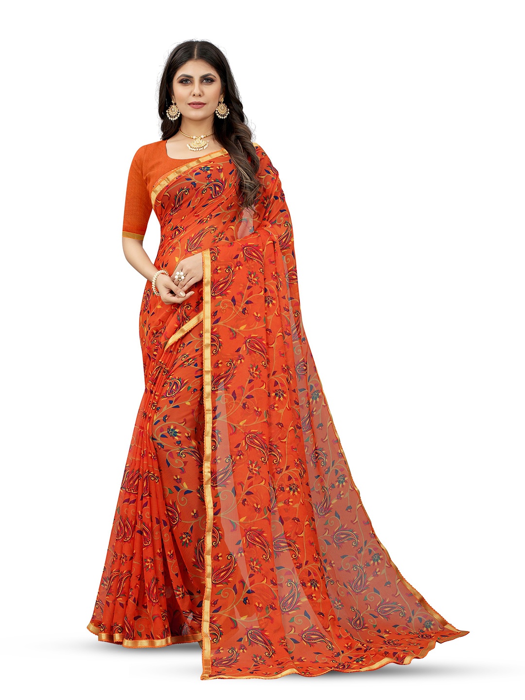

V3 FASHION STUDIO Floral Printed Zari Pure Chiffon Jamdani Saree, Red