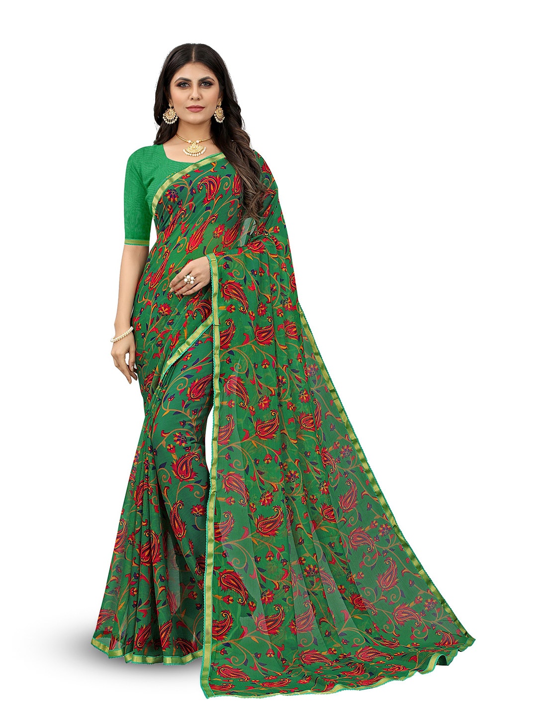 

V3 FASHION STUDIO Paisley Zari Pure Chiffon Jamdani Saree, Green