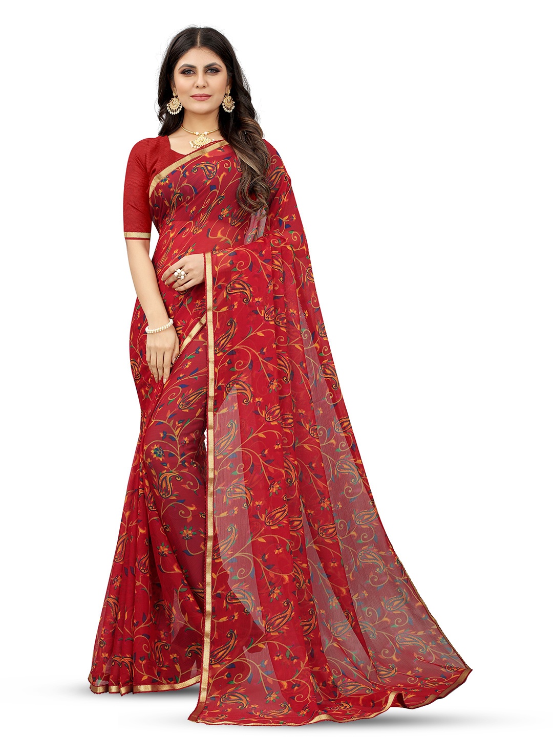

V3 FASHION STUDIO Floral Printed Zari Pure Chiffon Jamdani Saree, Red
