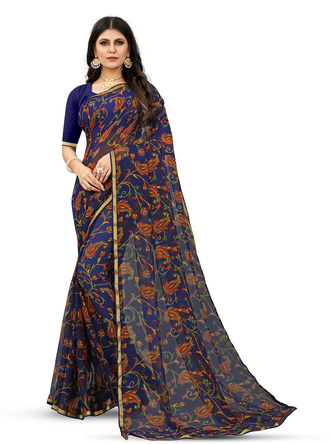 

V3 FASHION STUDIO Floral Printed Zari Pure Chiffon Jamdani Saree, Blue