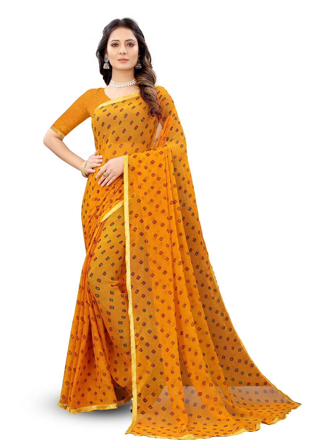 

V3 FASHION STUDIO Geometric Printed Zari Pure Chiffon Jamdani Saree, Yellow