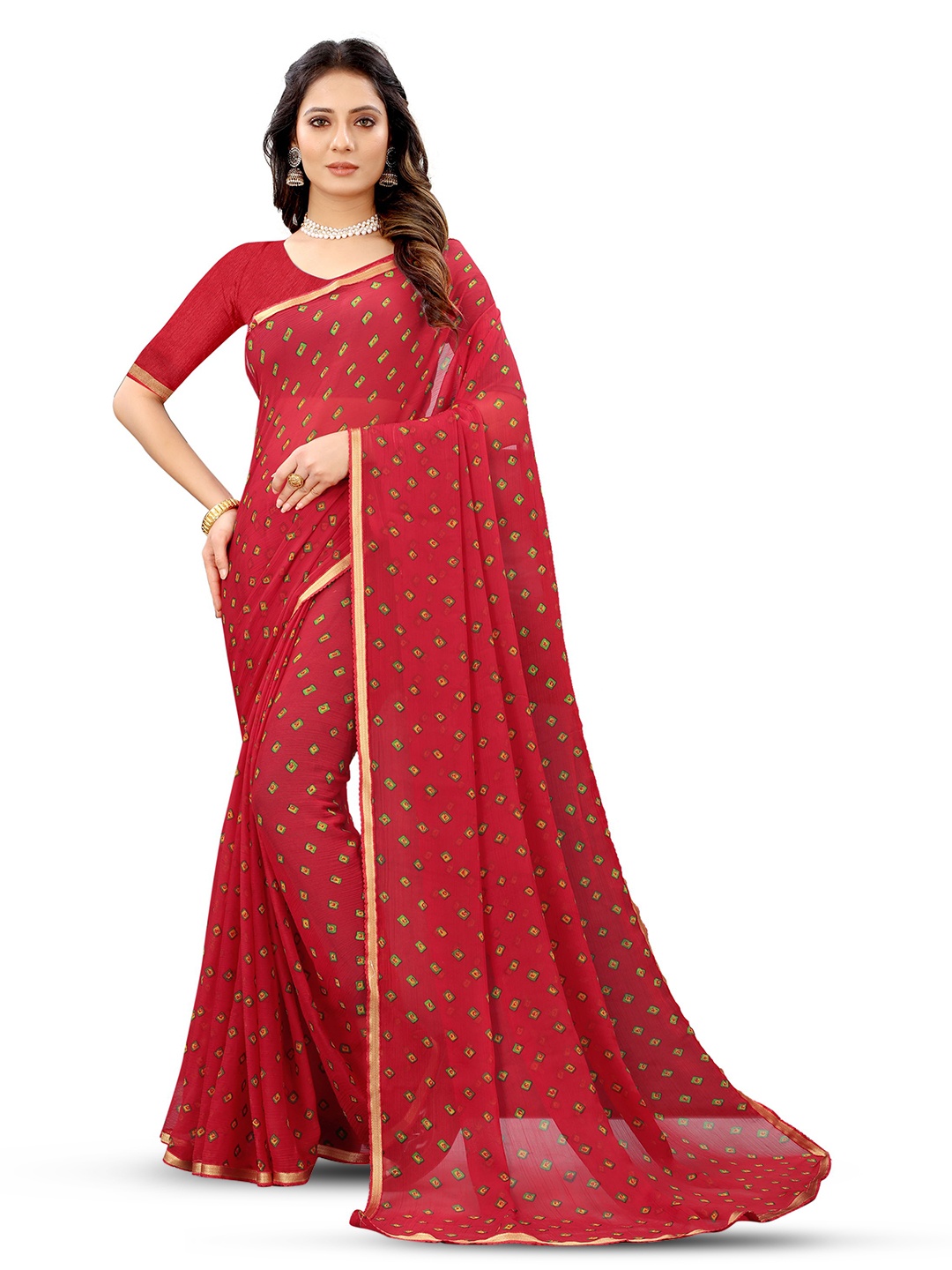 

V3 FASHION STUDIO Geometric Printed Zari Pure Chiffon Saree, Red
