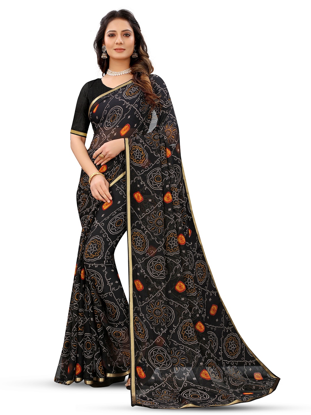 

V3 FASHION STUDIO Ethnic Motifs Printed Zari Pure Chiffon Jamdani Saree, Black