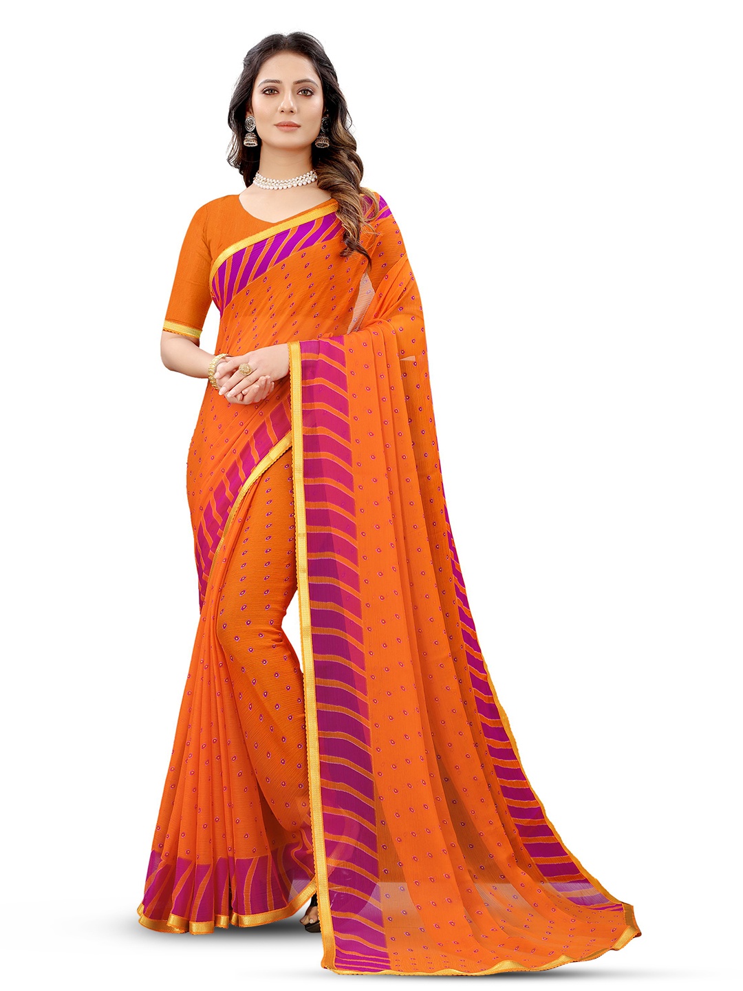 

V3 FASHION STUDIO Polka Dot Zari Pure Chiffon Jamdani Saree, Orange