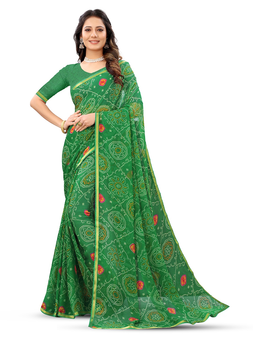 

V3 FASHION STUDIO Bandhani Printed Zari Pure Chiffon Saree, Green