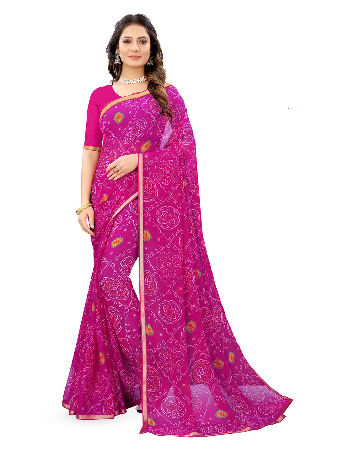 

V3 FASHION STUDIO Bandhnai Printed Zari Pure Chiffon Saree, Pink