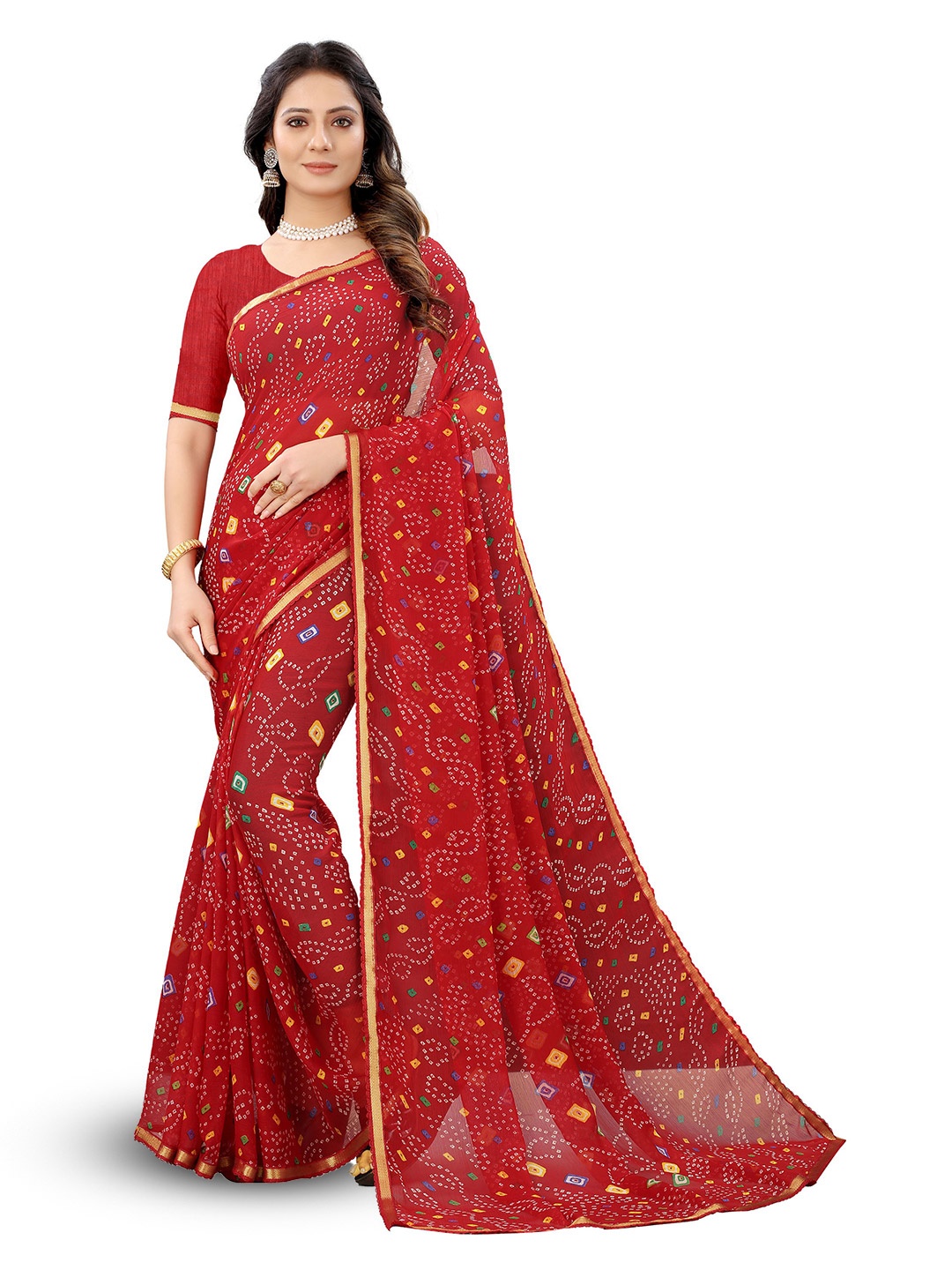 

V3 FASHION STUDIO Bandhani Printed Zari Pure Chiffon Jamdani Saree, Red