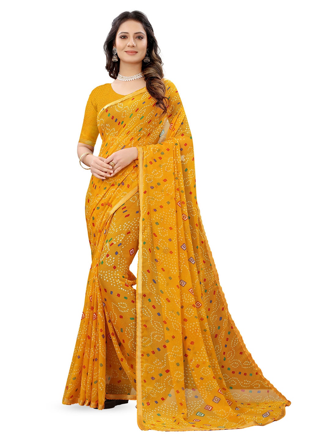 

V3 FASHION STUDIO Bandhani Printed Zari Pure Chiffon Saree, Orange