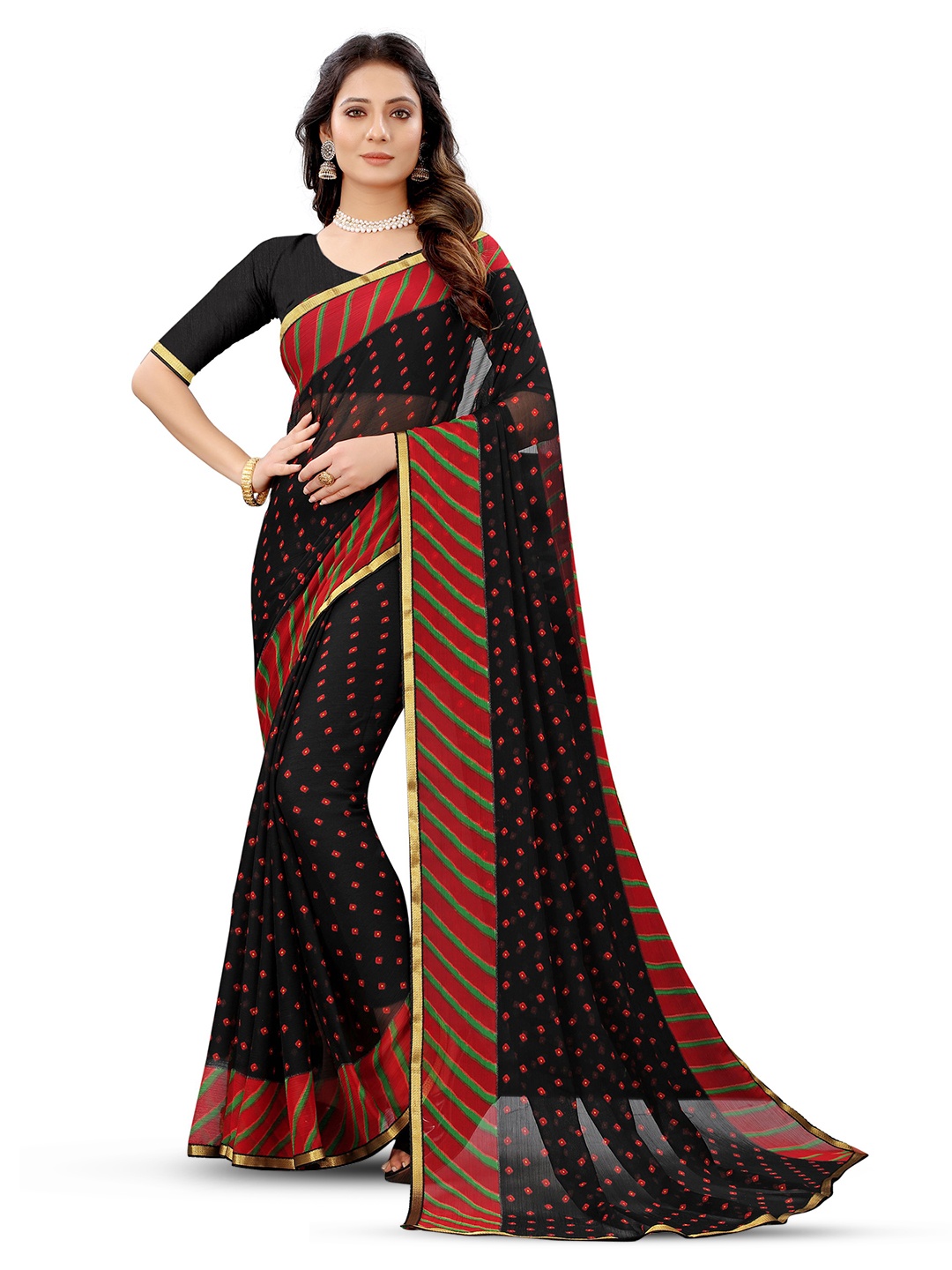 

V3 FASHION STUDIO Geometric Printed Zari Pure Chiffon Saree, Black