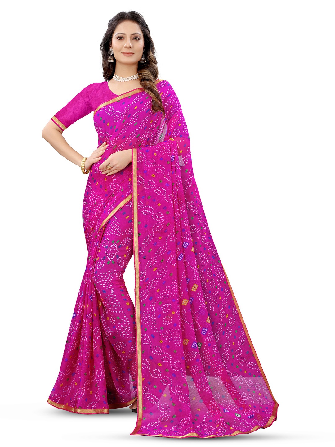

V3 FASHION STUDIO Bandhani Pure Chiffon Jamdani Saree, Pink