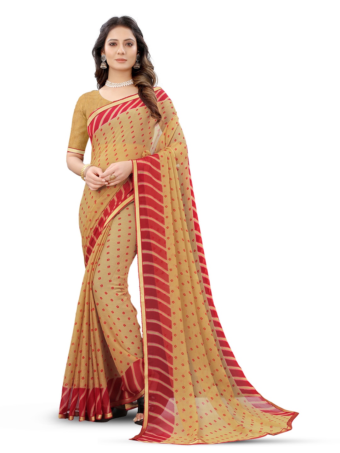 

V3 FASHION STUDIO Geometric Printed Zari Pure Chiffon Saree, Cream