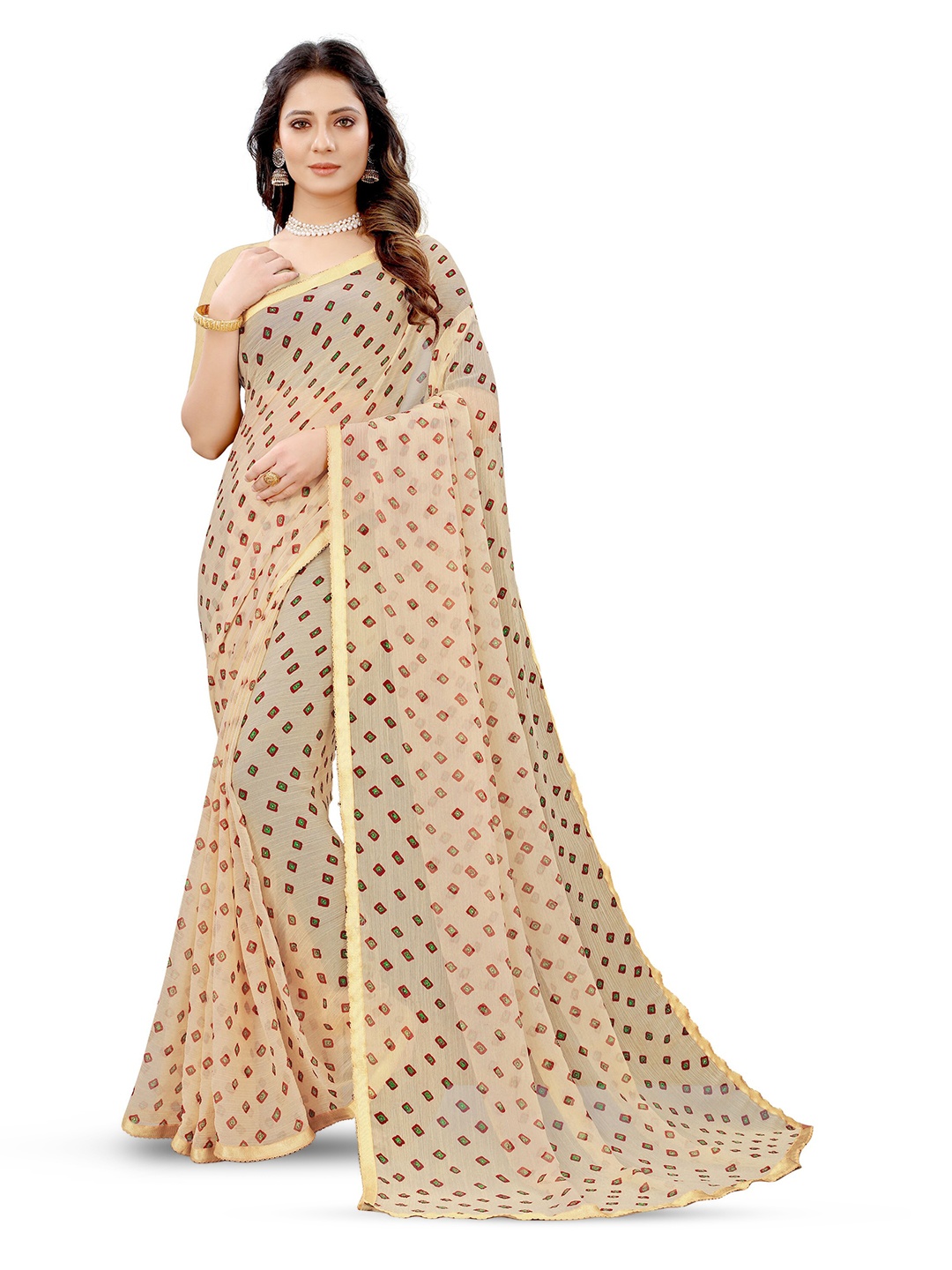 

V3 FASHION STUDIO Ethnic Motifs Printed Zari Pure Chiffon Jamdani Saree, Cream