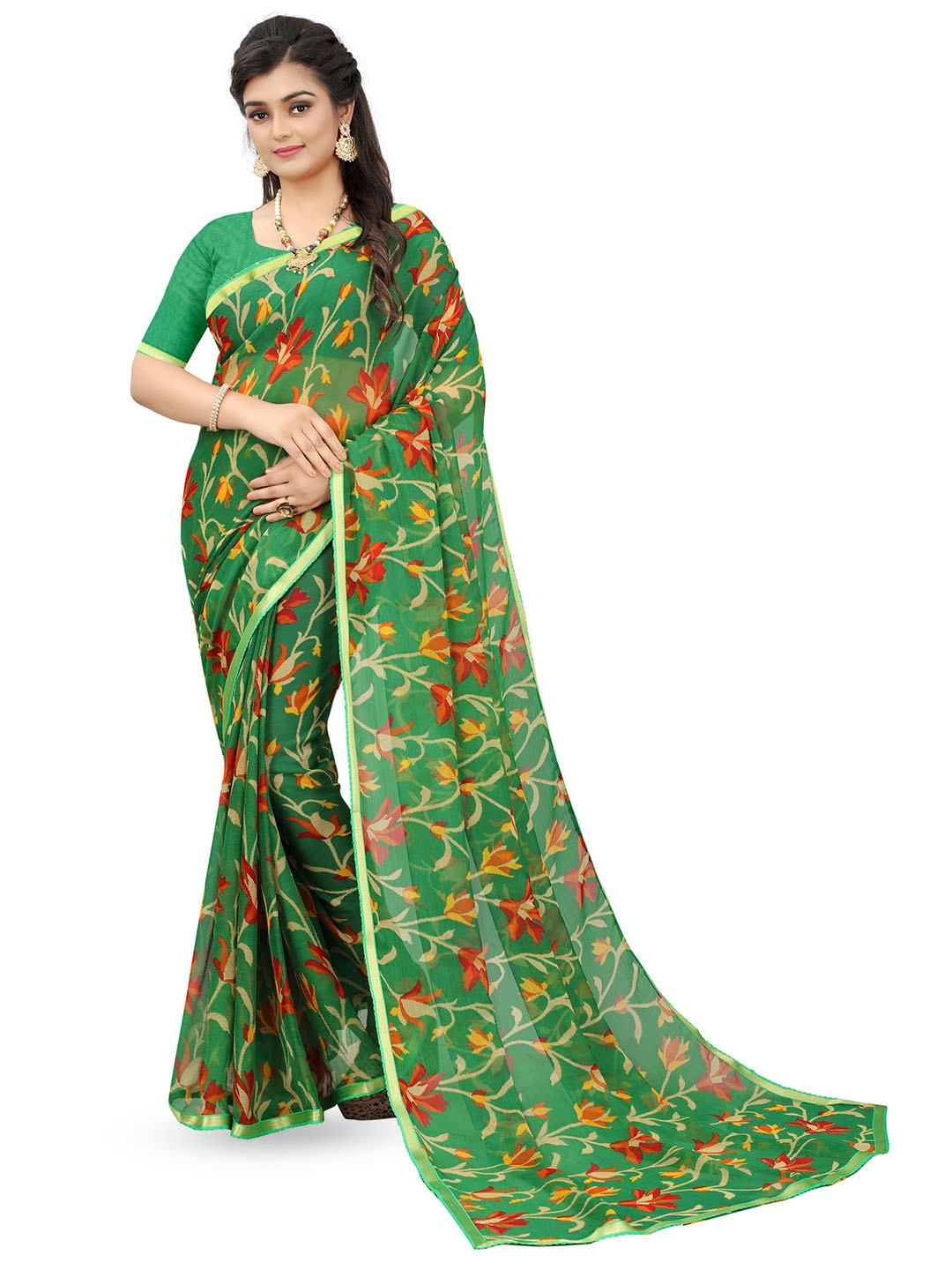 

V3 FASHION STUDIO Ethnic Motifs Printed Zari Pure Chiffon Jamdani Saree, Green