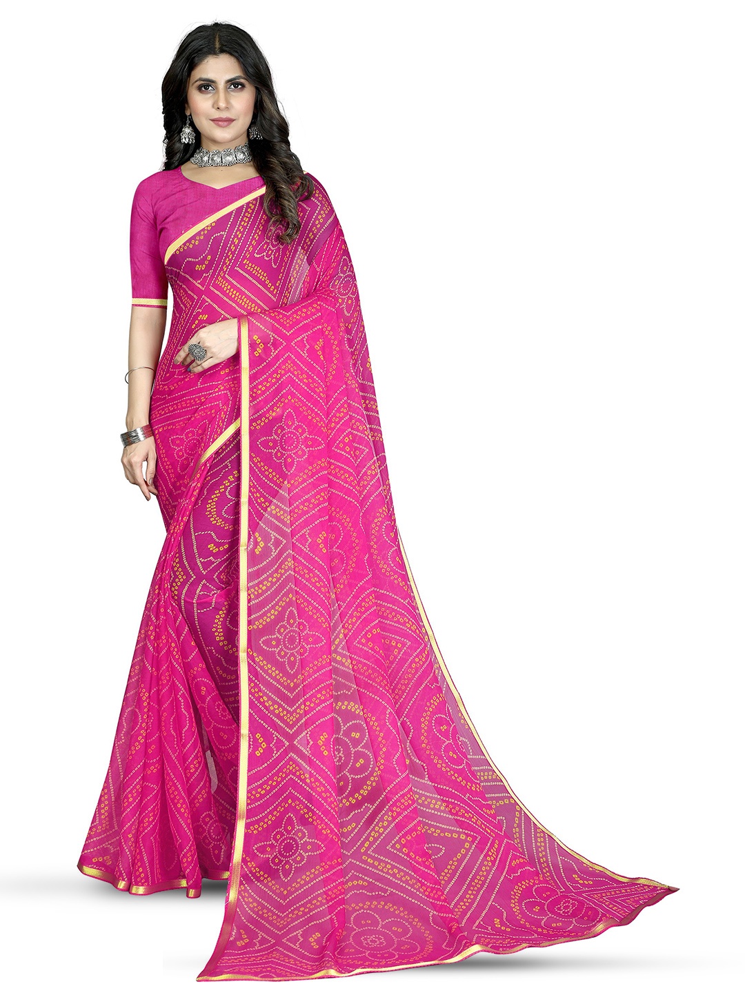 

V3 FASHION STUDIO Bandhani Printed Zari Pure Chiffon Jamdani Saree, Pink