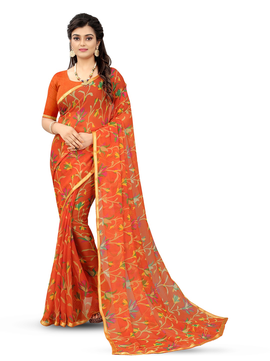 

V3 FASHION STUDIO Floral Printed Zari Pure Chiffon Saree, Orange